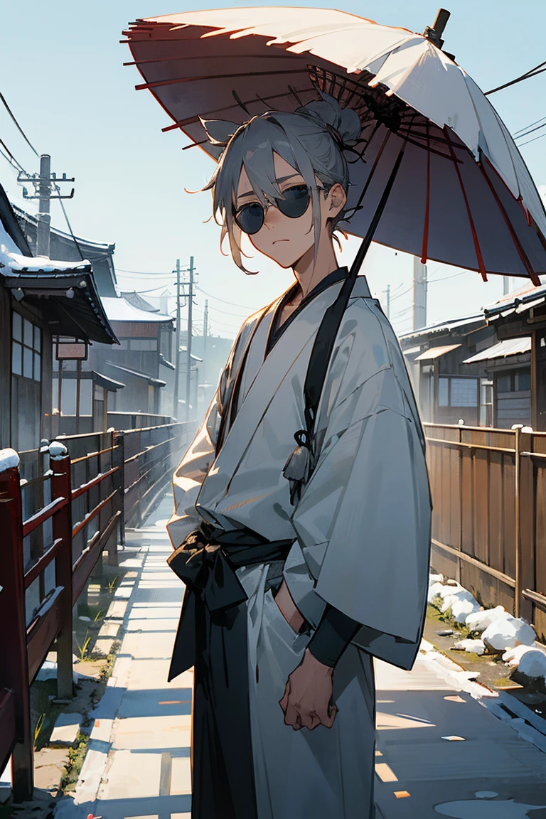1 male, ager, Gray Hair, short hair, Messy Man Bun, blue eyes, White yukata, Black underwear, (old Japan background), Detailed Background, standing on the path, Expressionless, emotionless, Old Japanese town background, Snow Scene、(sunglasses:1.2)、Landscape、Wearing a white yukata、I'm wearing black clothes.、
