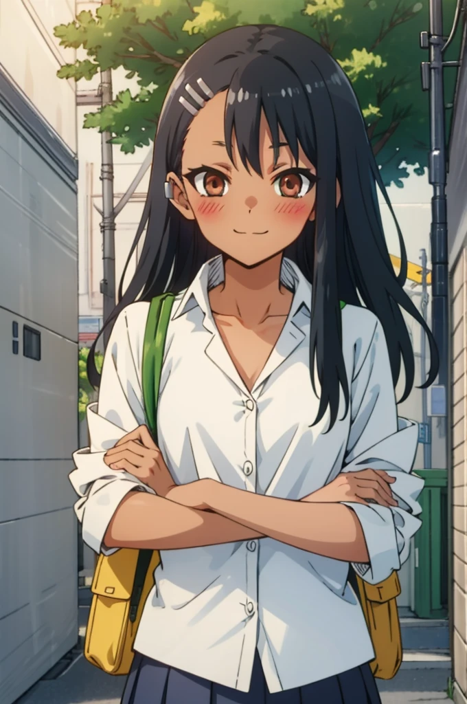 tall body, tall, long legs, mature female, mature, adult, Eft_Nagatoro_Main, nagatoro hayase, 1girl, blush, solo, shirt, black hair, bag, brown eyes, hair ornament, looking at viewer, hairclip, outdoors, backpack, smile, long hair, white shirt, dark-skinned female, dark skin, , bangs, day, skirt, collared shirt, collarbone, earclip, sleeves rolled up, closed mouth, tree, asymmetrical bangs, upper body