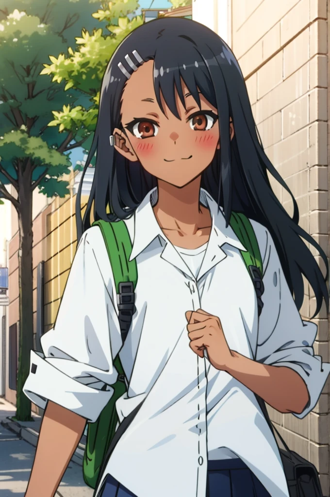 tall body, tall, long legs, mature female, mature, adult, Eft_Nagatoro_Main, nagatoro hayase, 1girl, blush, solo, shirt, black hair, bag, brown eyes, hair ornament, looking at viewer, hairclip, outdoors, backpack, smile, long hair, white shirt, dark-skinned female, dark skin, , bangs, day, skirt, collared shirt, collarbone, earclip, sleeves rolled up, closed mouth, tree, asymmetrical bangs, upper body