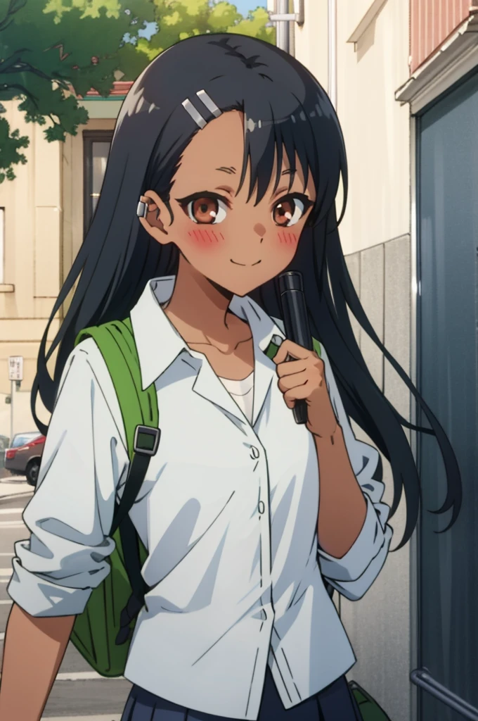 tall body, tall, long legs, mature female, mature, adult, Eft_Nagatoro_Main, nagatoro hayase, 1girl, blush, solo, shirt, black hair, bag, brown eyes, hair ornament, looking at viewer, hairclip, outdoors, backpack, smile, long hair, white shirt, dark-skinned female, dark skin, , bangs, day, skirt, collared shirt, collarbone, earclip, sleeves rolled up, closed mouth, tree, asymmetrical bangs, upper body