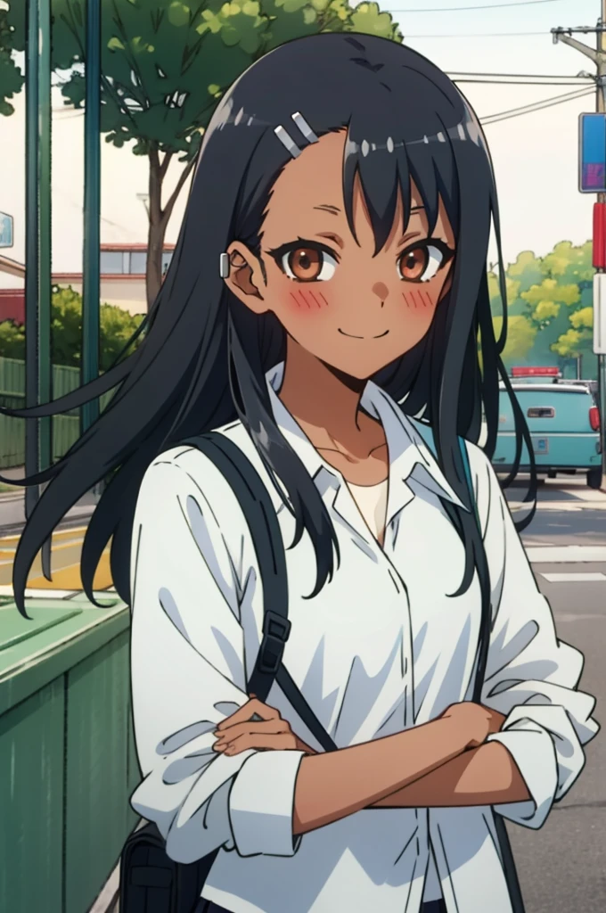 tall body, tall, long legs, mature female, mature, adult, Eft_Nagatoro_Main, nagatoro hayase, 1girl, blush, solo, shirt, black hair, bag, brown eyes, hair ornament, looking at viewer, hairclip, outdoors, backpack, smile, long hair, white shirt, dark-skinned female, dark skin, , bangs, day, skirt, collared shirt, collarbone, earclip, sleeves rolled up, closed mouth, tree, asymmetrical bangs, upper body