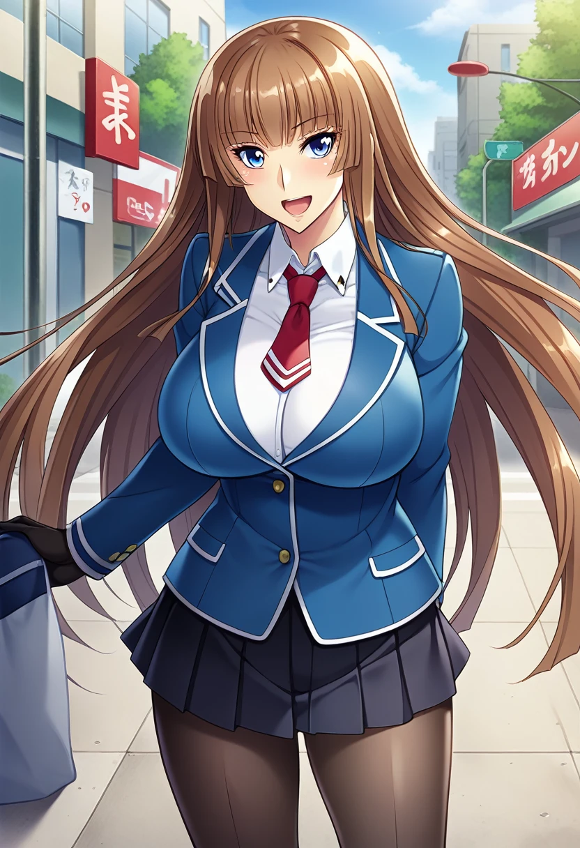 score_9, score_8_up, score_7_up, score_6_up, source_anime, game cg, aoi_nagisa_\(metalder\), BREAK solo, 1girl, koukawa asuka, brown hair, long hair, blue eyes, large eyes, bangs, side bangs, (huge breasts:0.8), medium body, BREAK school_uniform, blue jacket, (white collared blouse:1.1), red long necktie, black gloves, black pleated skirt, black pantyhose, BREAK happy, open mouth, outside, street, cowboy shot,