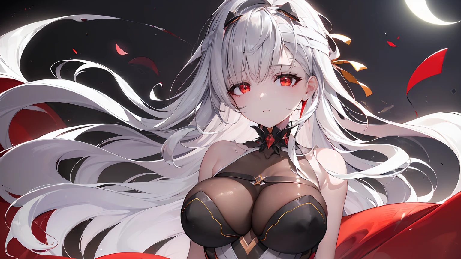 ((((Obra maestra, La mejor calidad, ultrahigh resolution)))), 1girl, standing,), ((long pure silver hair, hair over eye)), long hair cut, shiny skin, ((red eyes)), glowing_eyes, neon eyes, (ultra detailed eyes:0.7, beautiful and detailed face, detailed eyes:0.9), ((centered)), smirk, facing viewer, ((vibrant background, dark lighting, summer, sunlight)), large chested, looking at viewer, ((half closed eyes)), ((perfect hands)), (((head:1, arms, hips in view, elbows, in view))), ((hands behind back)), empty eyes, beautiful lighting, ((outside, outdoors)), defined subject, head tilt, (((gritty)), ((creepy)), ((cool)), ((beautiful)), (((SFW))), hair ornament, petals in the air, moon in the sky, city, mature woman, adult woman, sfw, red and white dress, night dress, she is a princess,
