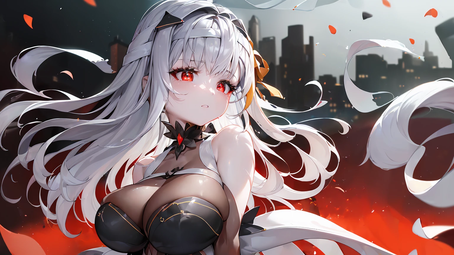 ((((Obra maestra, La mejor calidad, ultrahigh resolution)))), 1girl, standing,), ((long pure silver hair, hair over eye)), long hair cut, shiny skin, ((red eyes)), glowing_eyes, neon eyes, (ultra detailed eyes:0.7, beautiful and detailed face, detailed eyes:0.9), ((centered)), smirk, facing viewer, ((vibrant background, dark lighting, summer, sunlight)), large chested, looking at viewer, ((half closed eyes)), ((perfect hands)), (((head:1, arms, hips in view, elbows, in view))), ((hands behind back)), empty eyes, beautiful lighting, ((outside, outdoors)), defined subject, head tilt, (((gritty)), ((creepy)), ((cool)), ((beautiful)), (((SFW))), hair ornament, petals in the air, moon in the sky, city, mature woman, adult woman, sfw, red and white dress, night dress, she is a princess,