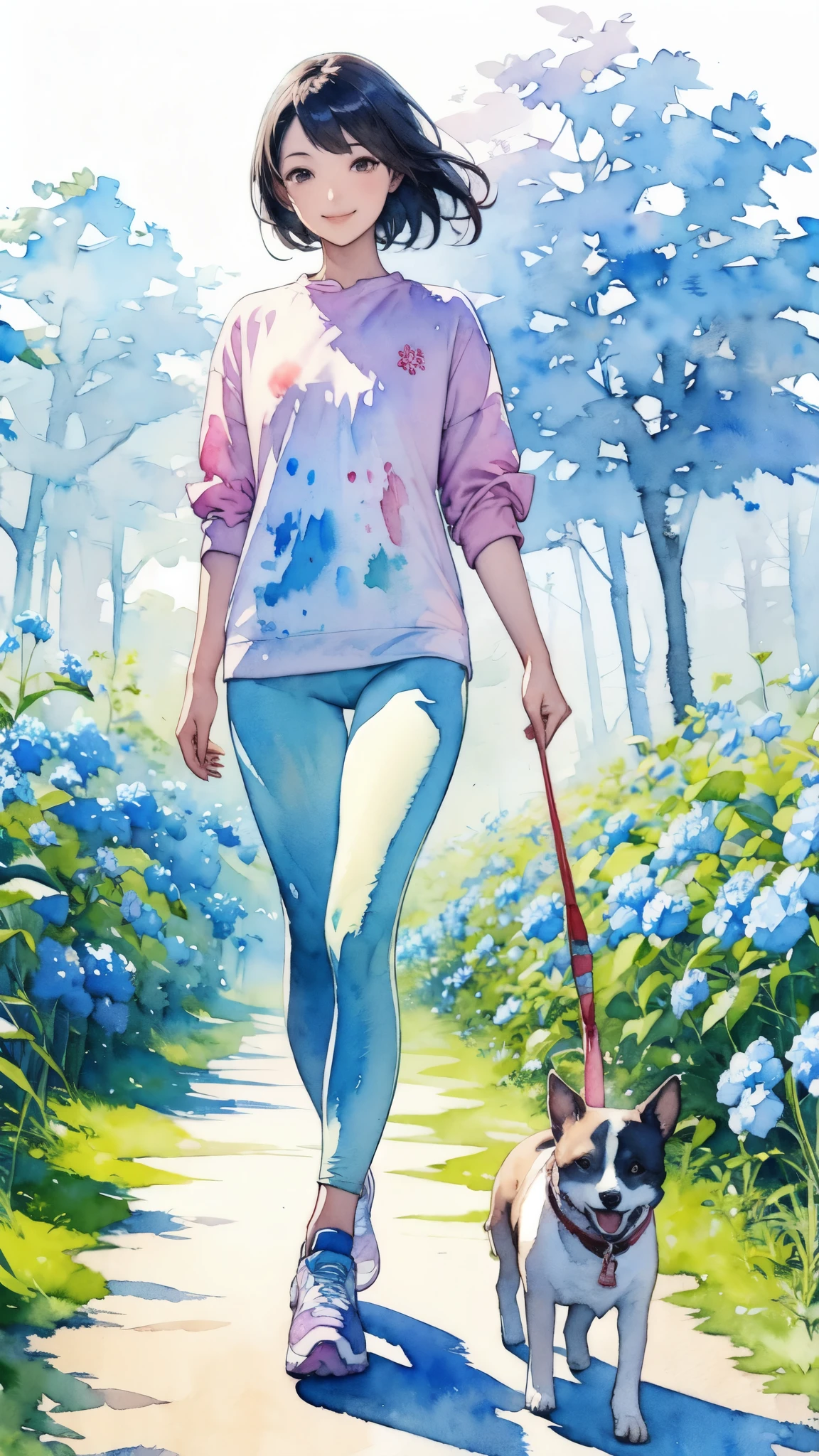 (masterpiece),(Highest quality:1.2),(Very detailed:1.2),(High resolution),(((watercolor))),8K,A woman walking through a nemophila field,leggings,sneakers,Walking with a small dog,透明watercolor,(smile)