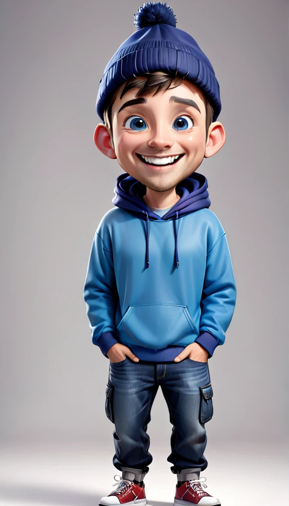 "Create a realistic full body 4D cartoon character with a big head, a 29 year old man with a happy and cheerful expression. His mouth is wide open, He has short hair in an undercut style, big ears, slightly bushy eyebrows. He is wearing a blue hoodie, wearing a hat bucket and jeans trousers should emphasize his wide, happy smile and friendly demeanor."