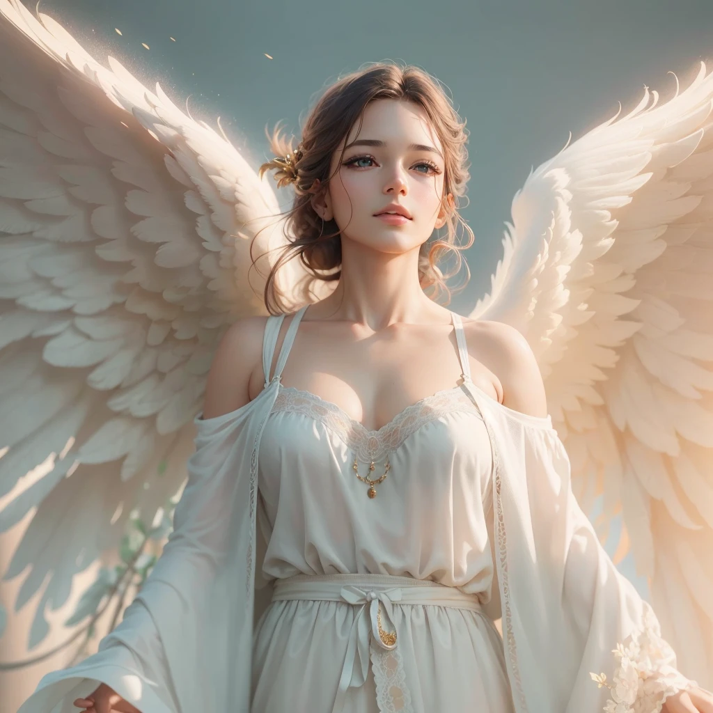 masterpiece, top quality, 8K, real person, realistic, very dense CG, shiny skin, fully focused, heaven, divine glory, radiant, angel, blessing, happiness,