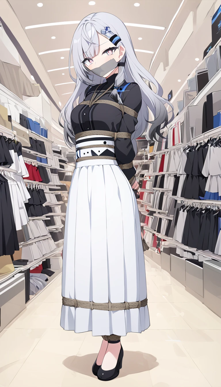 score_9, score_8_up, source_anime, 1girl, solo, Vestia zeta, gray eyes, long hair, gray hair, colored tips, white hair, high-waist skirt, long skirt, white skirt, black shirt, long sleeves, , standing, indoors, shopping mall, (bound with an excessive amount of ropes), (bound wirsts), (arms behind back), (tapegag, tape gag), dramatic,  (looking at viewer), (detailed pupils:1.3)