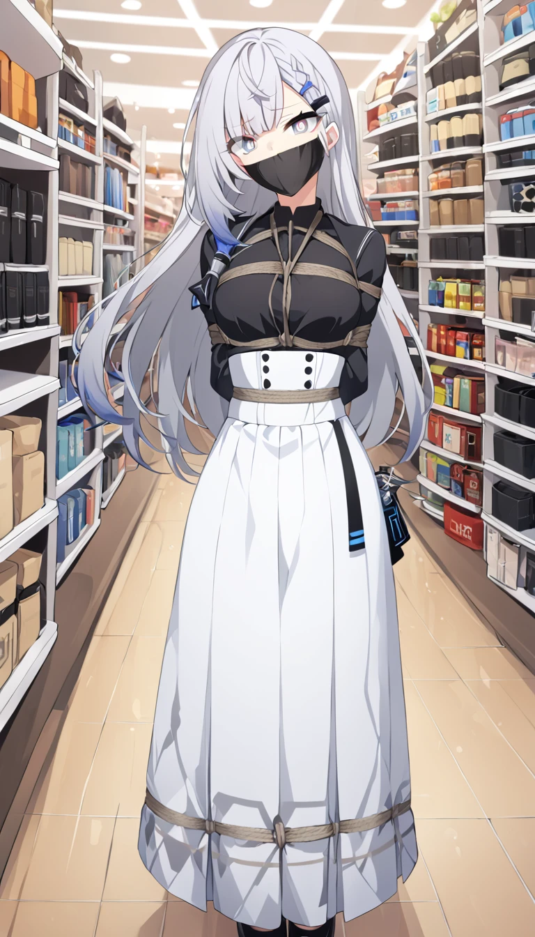 score_9, score_8_up, source_anime, 1girl, solo, Vestia zeta, gray eyes, long hair, gray hair, colored tips, white hair, high-waist skirt, long skirt, white skirt, black shirt, long sleeves, , standing, indoors, shopping mall, (bound with an excessive amount of ropes), (bound wirsts), (arms behind back), (tapegag, tape gag), dramatic,  (looking at viewer), (detailed pupils:1.3)