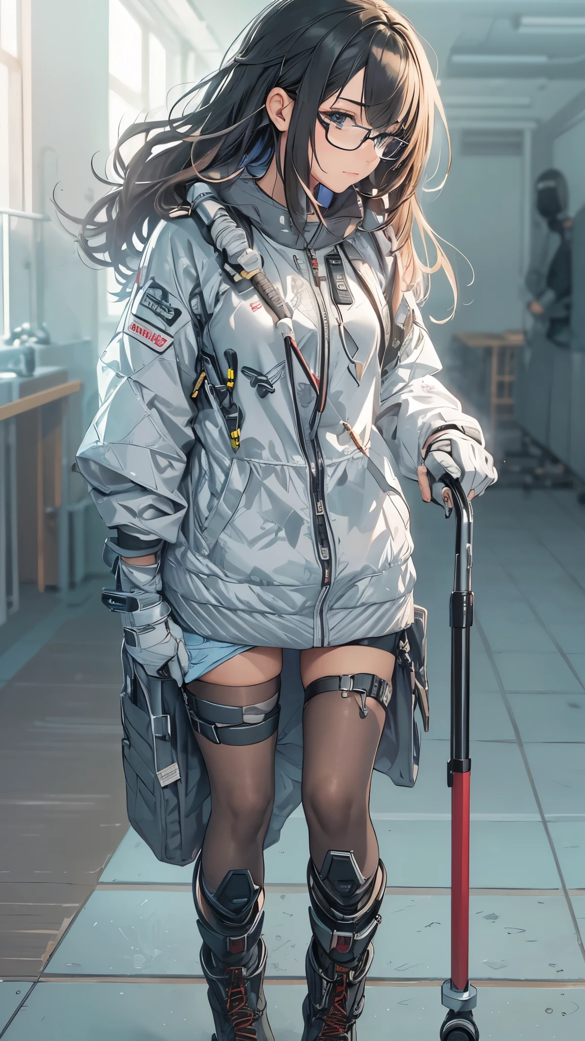 (Very detailed, Realistic), Cityscape, [moderately:Oil], [Professional:1.1], [Physically Based Rendering], [Bright colors], [Sharp focus], [Studio Lighting], [Extreme Detail], [Highest quality,4K,8K,High resolution,masterpiece:1.2],(Detailed face),((inside the hospital)),((One 18-year-old woman)),(Glasses),(Black unkempt hair),(dark),(it hurts),(Scary),[Nervous eyes],((She walks with crutches,Crutch length from armpit,Crutches are at her side)),she leans on her crutches)),((she’s putting on her legs in cast)),((leg braces)),((leg braces)),((she’s wheelchair user)),((she’s wheelchair user)),((Her feet are turned inwards)),(winter clothes ladies fashion,trench coat,tights),((lace-up-long-boots)),(gloves,Knee pads),.