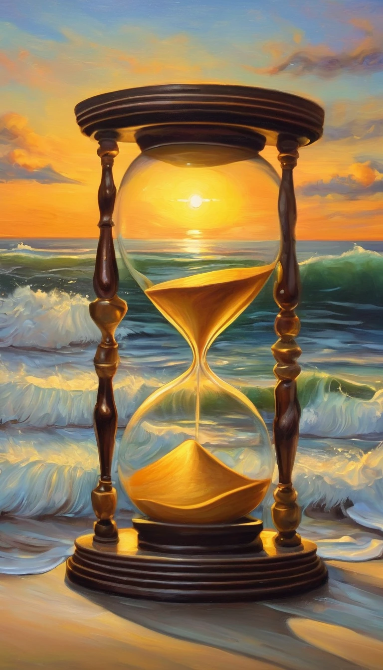 An oil painting,sunrise,ocean,horizon,peaceful,Hourglass on the beach