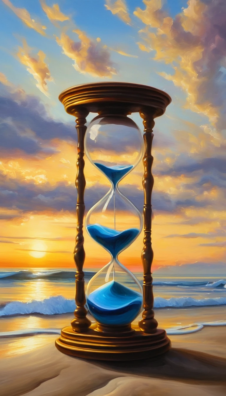 An oil painting,sunrise,ocean,horizon,peaceful,Hourglass on the beach