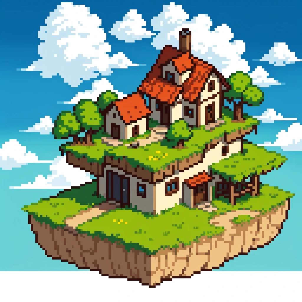 Rural house over a floating island, tree, sun and clouds on background, portrait scenemy, floating islands