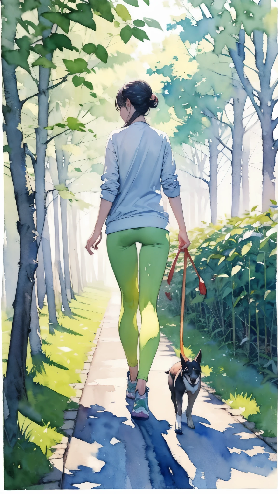 (masterpiece),(Highest quality:1.2),(Very detailed:1.2),(High resolution),(((watercolor))),8K,A woman walking along a row of cherry blossom trees,jeans,sneakers,Walking with a small dog.Beautiful cherry blossoms blooming all over the place,透明watercolor,(Back view)