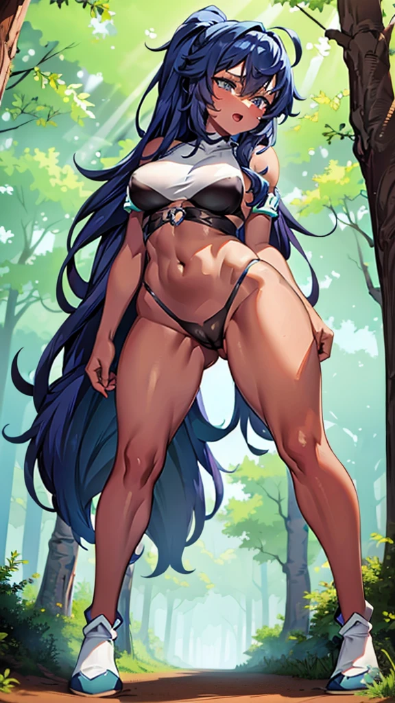 In a forest of large trees there is an even larger Amazonian giantess, with brown skin, black hair, thin, with clothes of the forest, and with very long legs, she is looking for small human invaders of the forest to destroy them so that they do not disturb the peace of the forest. Giantess, goddess, hot, black skin, tall legs, sexy, tiny people, tiny humans, crush, forest, trees, standing, group of small people, slim body
