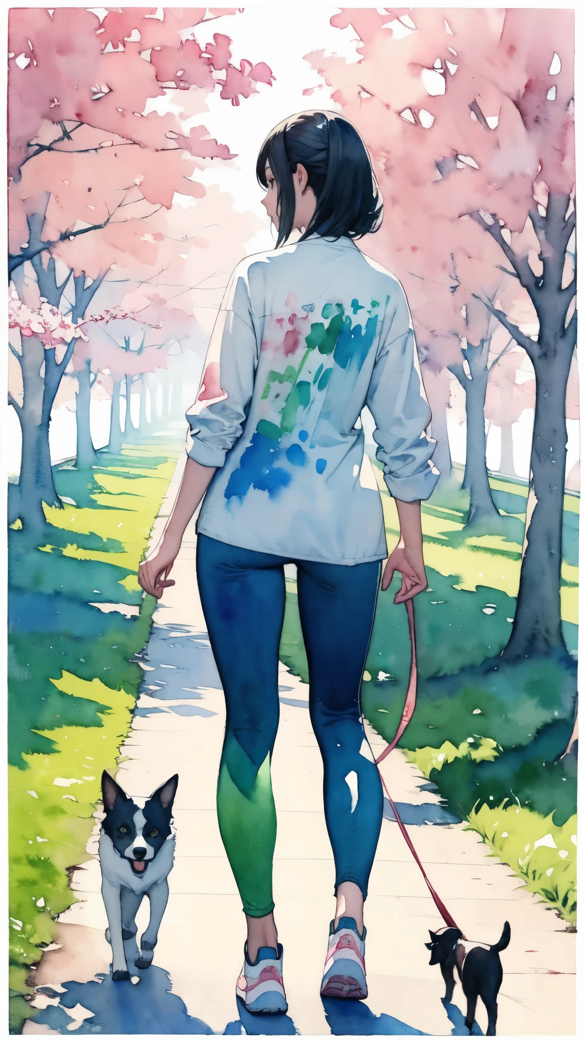 (masterpiece),(Highest quality:1.2),(Very detailed:1.2),(High resolution),(((watercolor))),8K,A woman walking along a row of fresh green trees,leggings,sneakers,Walking with a small dog,透明watercolor,(Back view)