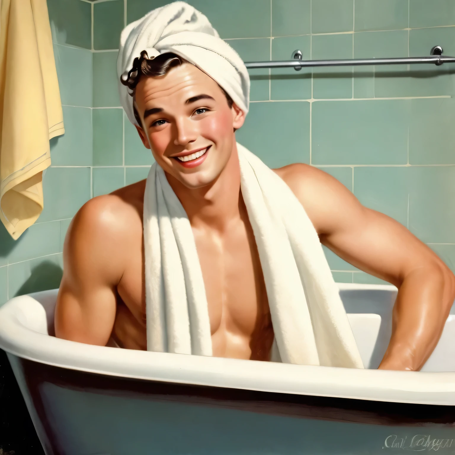 a white handsome man in ayoung very handsome blond MAN in a bathtub, embarrassed, AND HAVING FUN, in a bathroom he looks at the camera and smiles. 1940s vintage, no arguments Elvgren man depicting vintage watercolor vintage inspiration, black, high contrast shading, naturalistic proportions, use of fabric, large canvases, looking at viewer, 1940s vintage,n exotic outfit,