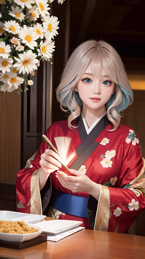 Masterpiece, best quality, illustration, reddish brown hair,Japanese Kimono,Silk Chirimen, 1 woman, cute, (dynamic light:1.2), movie theater lighting, exquisite face, Light blue eyes are very detailed.,long curly hair（Point of interest），sharp student, realistic student, depth of field, Bokeh, 锐利的Point of interest, (Awesome details, in full bloom, glow:1.4)chrysanthemum background,32k,khd