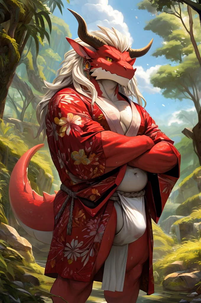 ultra-detailed, masterpiece, masterwork, high quality, best quality, hdr, (nature, japanese style), nsfw, male, solo, chibi, dragon, ((bare kimono, bulge fundoshi, white fundoshi)), (little red body minotaur), (white chubby body), (long golden hair, yellow eyes, cool eyes), standing, cross your arms, dynamic angle, earrings, sweat