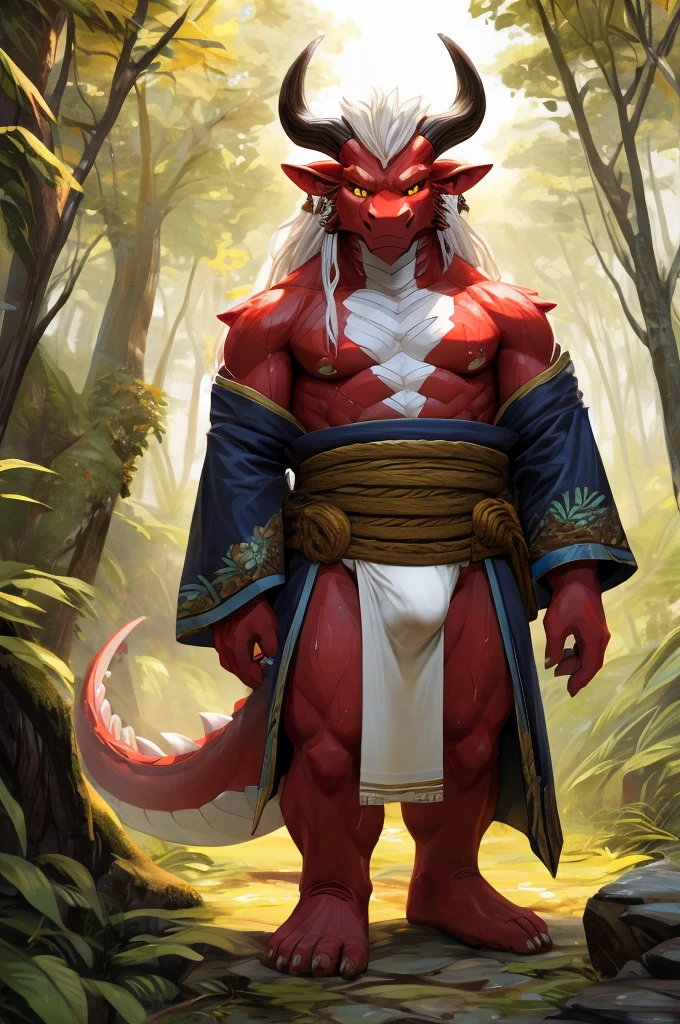 ultra-detailed, masterpiece, masterwork, high quality, best quality, hdr, (nature, japanese style), nsfw, male, solo, chibi, dragon, ((bare kimono, bulge fundoshi, white fundoshi)), (little red body minotaur), (white chubby body), (long golden hair, yellow eyes, cool eyes), standing, cross your arms, dynamic angle, earrings, sweat