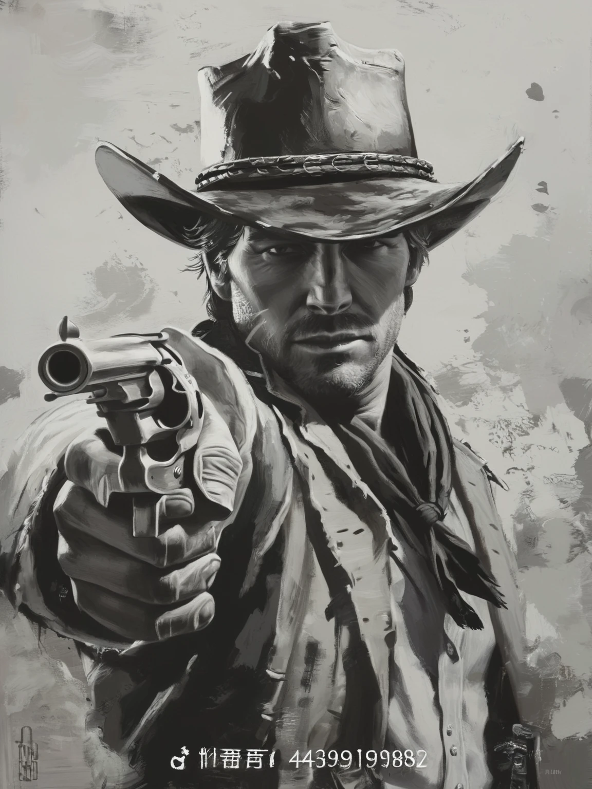 a painting of a man in a cowboy hat holding a gun, Red Undead redemption art style,, Jesse McCree, Western painting, cowboy portrait, [ Red Undead ], the Gunner, cowboy, Arthur Morgan, Western Art, western Gunner, Inspired by Clint Clearley, The Old West, Death Redemption, Gunner,Black and White，sketch，Super texture，Cold