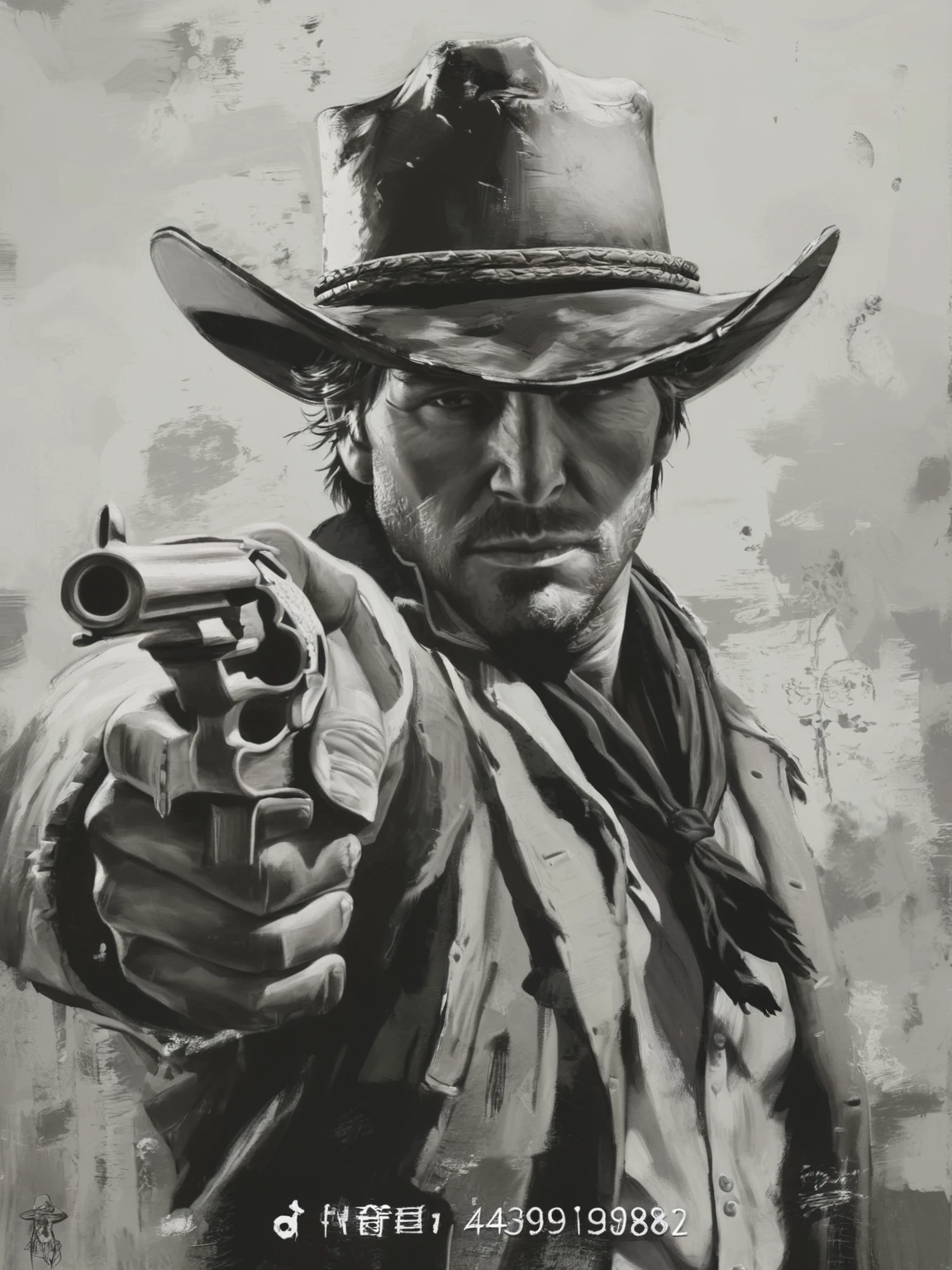 a painting of a man in a cowboy hat holding a gun, Red Undead redemption art style,, Jesse McCree, Western painting, cowboy portrait, [ Red Undead ], the Gunner, cowboy, Arthur Morgan, Western Art, western Gunner, Inspired by Clint Clearley, The Old West, Death Redemption, Gunner,Black and White，sketch，Super texture，Cold