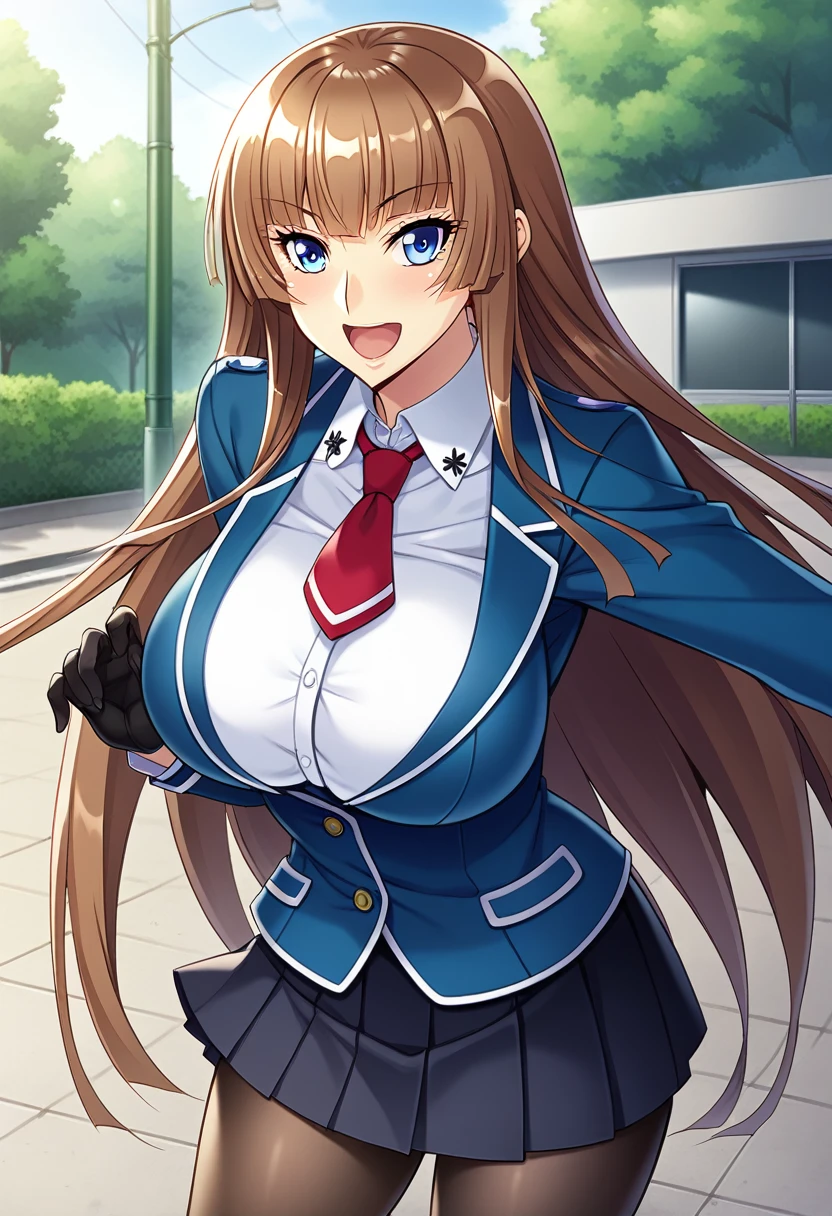 score_9, score_8_up, score_7_up, score_6_up, source_anime, game cg, aoi_nagisa_\(metalder\), BREAK solo, 1girl, koukawa asuka, brown hair, long hair, blue eyes, big eyes, bangs, side bangs, (huge breasts:0.8), medium body, BREAK school_uniform, blue jacket, (white collared blouse:1.1), red long necktie, black gloves, black pleated skirt, black pantyhose, BREAK happy, open mouth, outside, street, cowboy shot,