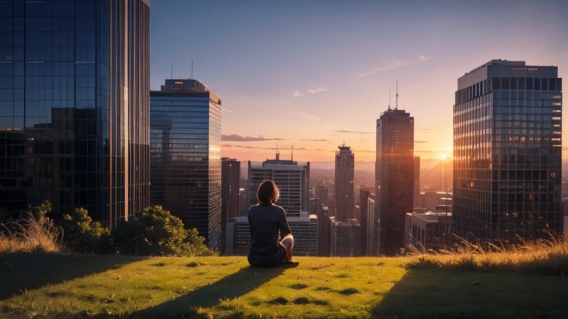 (Sunrise Time), solo, sitting, outdoors, sky, tree, no humans, building, scenery, cityscape, dark, grass, nature, forest,