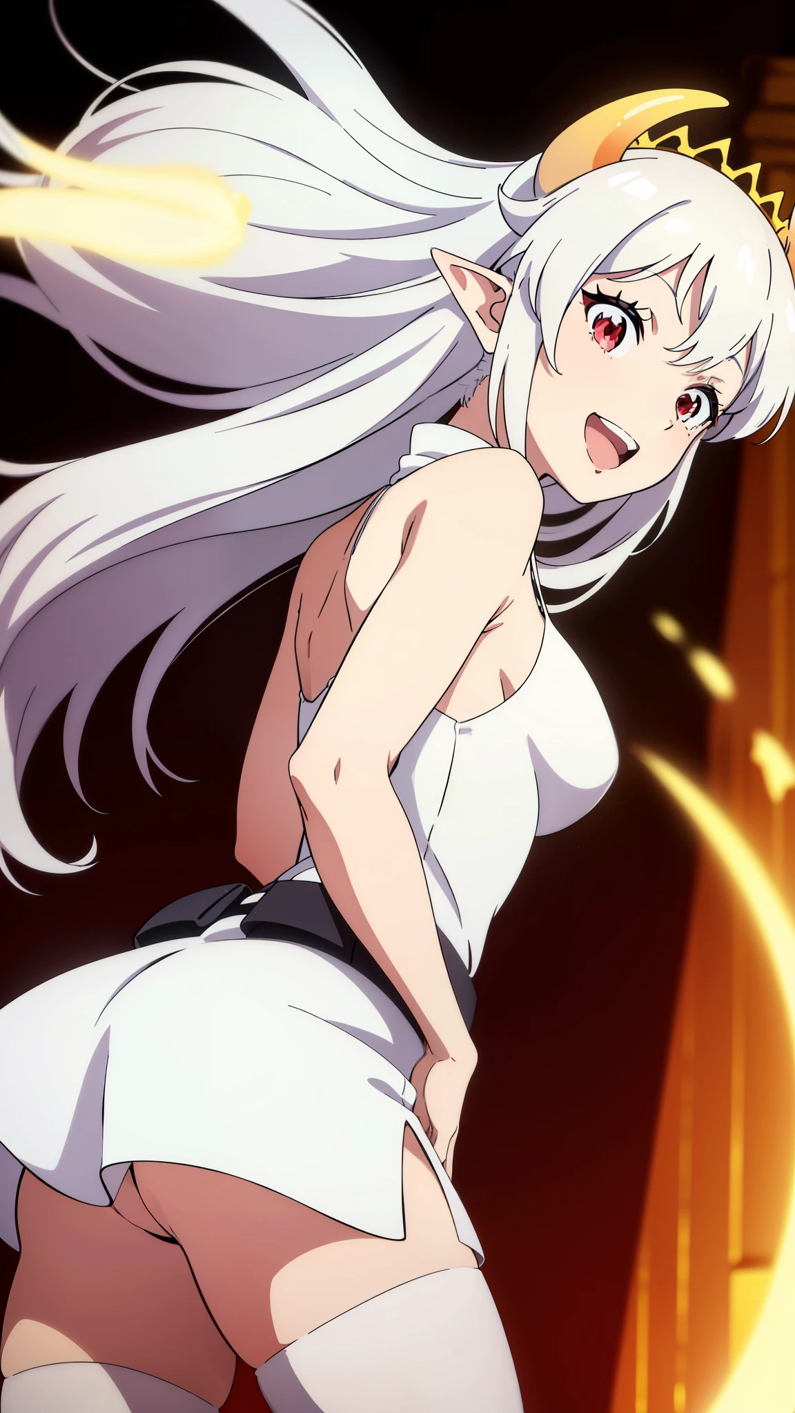 1girl,20s,solo,white short dress,white hair,long hair,elf ears,horns,white pantyhose,cleavage,red eyes,gold tiara,((no background)),talking,happy,smile,open mouth,back view,hand_on_own_cheek,looking to side,head up