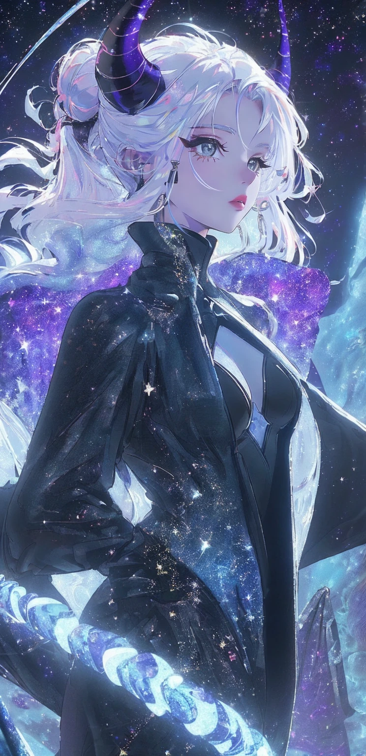 {-erro_de_anatomia:1.0} masterpiece, highest quality, (perfect face:1.1, (high detail)1.1, sweet stardust vampire , long soft white hair, opal eyes, perfectly drawn face, black dress, stars detailed background, prismatic lighting, glitter, whole body, walking on the stars with crystal shoes A beautiful dragon humanoid woman with space hair of variant shades of blue and purple with space buns in hair , Golden scanes on the face and shoulders, Anime, 4k, Beautiful woman with a golden dragon tail and horns, Space hair, Floating in space, Vintage space Attire, floating through space, dancing, havign fun, Space Witch, Witch, Older woman, Toned physique, long hair with side bangs, humanoid face with scales, human with dragon horns and tail, witch outfit, body suit, thigh boots, wearing black, white and gold, blue hair, purple hair, Woman in space with water rippling reflecting the night sky, space and water mixed today, dancing in space, floating, ethereal dragon at the edge of the universe, end of the universe