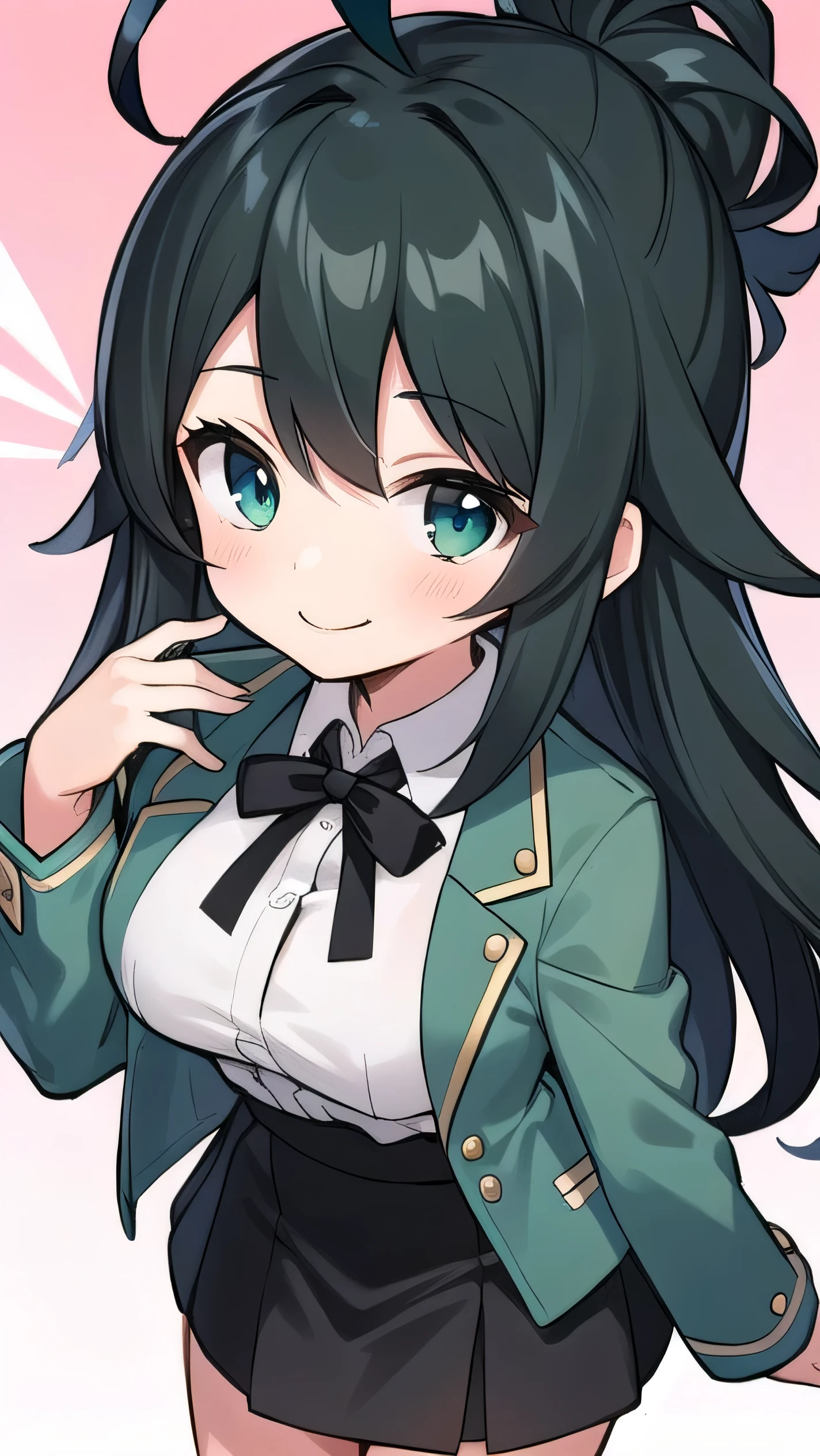  high schoolooks like an elementary school st short, 140 cm tall, black slight green tinge, short ahoge, beautiful long hair but with a little hair sticking out, beautiful round eyes, blue eyes, smile, boyish, long sleeves, Thick clothes, skirt, big breasts, hair longer than waist, long hair, childish face, gentle smile, a little shy, black skirt, black hair with a slight green tinge, boyish, gentle smile, jacket one size larger, ( Deep greenish black hair: 1.3)