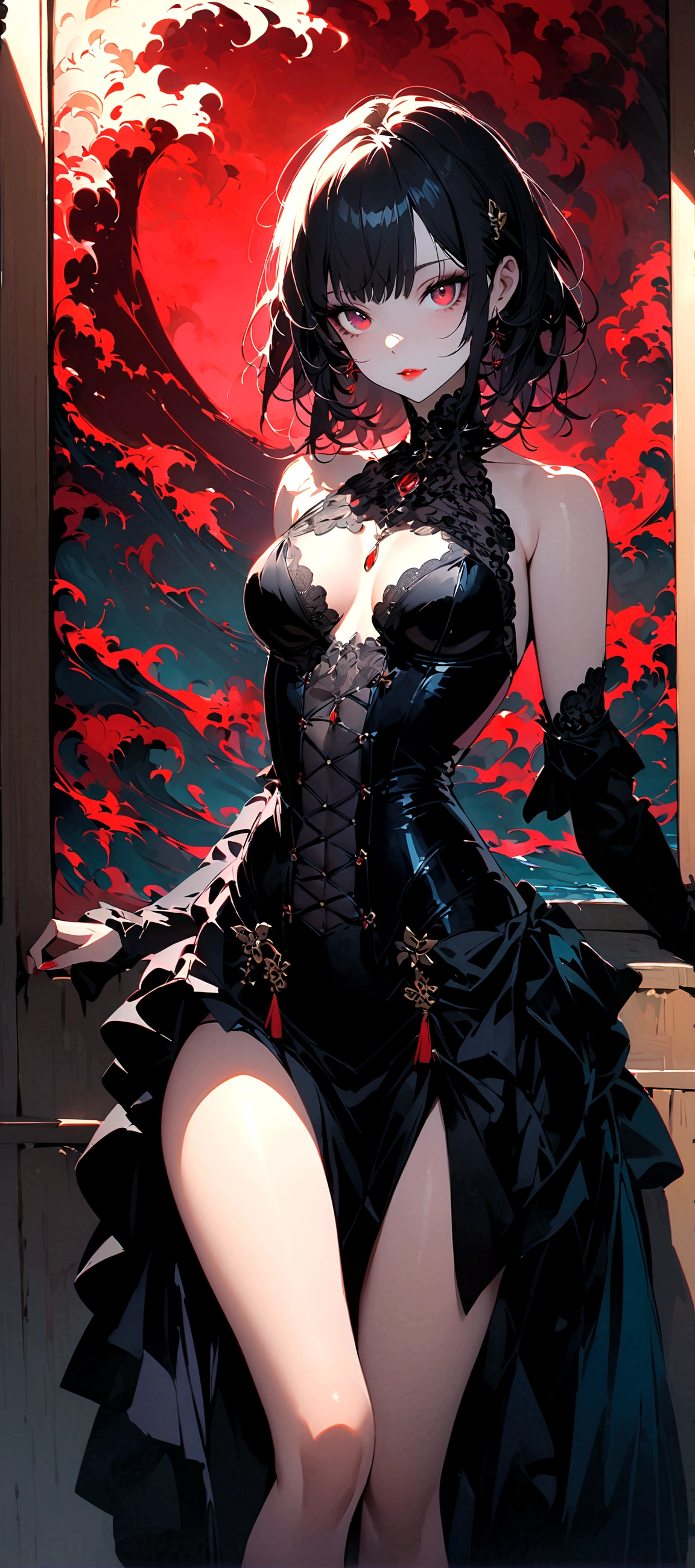 A seductive Gothic Asian woman, slim yet with a generous figure, is the main subject of this alluring image. Her dark hair cascades in waves around her pale face, contrasting with her bright crimson lips. The image is a highly detailed painting, her eyes captivating as they gaze directly at the viewer. The intricate lace of her corset enhances her silhouette, while delicate jewelry adorns her fingers and neck. This stunning portrayal captures the essence of mystery and sensuality with exquisite precision.