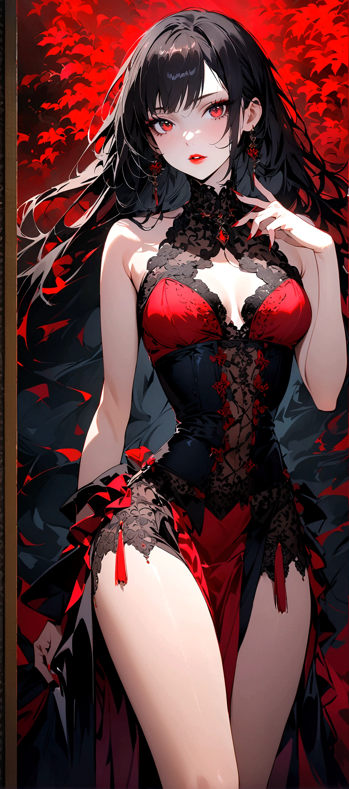 A seductive Gothic Asian woman, slim yet with a generous figure, is the main subject of this alluring image. Her dark hair cascades in waves around her pale face, contrasting with her bright crimson lips. The image is a highly detailed painting, her eyes captivating as they gaze directly at the viewer. The intricate lace of her corset enhances her silhouette, while delicate jewelry adorns her fingers and neck. This stunning portrayal captures the essence of mystery and sensuality with exquisite precision.