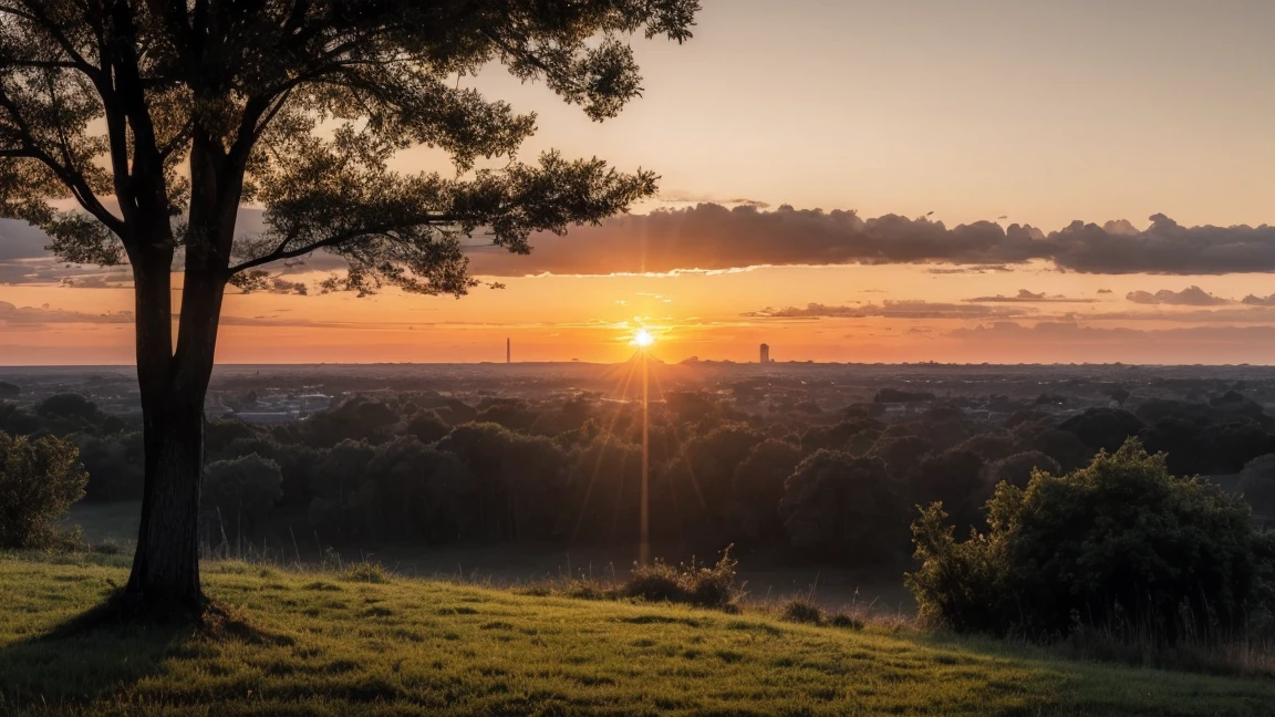 (Sunrise Time), solo, sitting, outdoors, sky, tree, no humans, building, scenery, cityscape, dark, grass, nature, forest,