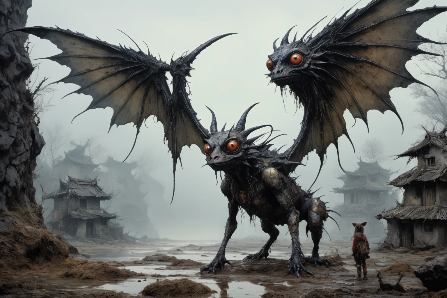 full-body-shot,kobold,natural skin textures, hyper realisitc, hyper detailed,elegant wings,wings Extremely detailed,High contrast,Realistic,Chalsedoon kikimora, back view,full body length,sparas,pretty face,intricate details,realistic humid skin,extremely intricate details,anatomically correct, eyes extremely detailed, high detailed eyes,High contrast,Ultra HD,Retina,HDR,photo,photorealism,Masterpiece, natural skin textures, hyper realism,hyper detailed,High contrast,(HDR:1.4),Realism,Ultra Detailed,irina yermolova, close full body shot,16K resolution,RAW, Nikon Z9,Paul Zizka,full body length,niobium goblin,native irish,pretty face,eyebrow up,full body shot,ominous landscape,niobium gray atmosphere,by art Simon Stalenhag,Nicola Samori,(((Wangechi Mutu))),scary complicated village of stalkers,Stone Forest in Yunnan Province of Italia