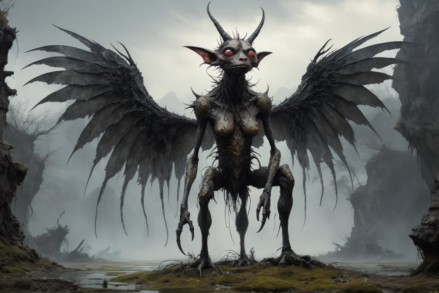 full-body-shot,kobold,natural skin textures, hyper realisitc, hyper detailed,elegant wings,wings Extremely detailed,High contrast,Realistic,Chalsedoon kikimora, back view,full body length,sparas,pretty face,intricate details,realistic humid skin,extremely intricate details,anatomically correct, eyes extremely detailed, high detailed eyes,High contrast,Ultra HD,Retina,HDR,photo,photorealism,Masterpiece, natural skin textures, hyper realism,hyper detailed,High contrast,(HDR:1.4),Realism,Ultra Detailed,irina yermolova, close full body shot,16K resolution,RAW, Nikon Z9,Paul Zizka,full body length,niobium goblin,native irish,pretty face,eyebrow up,full body shot,ominous landscape,niobium gray atmosphere,by art Simon Stalenhag,Nicola Samori,(((Wangechi Mutu))),scary complicated village of stalkers,Stone Forest in Yunnan Province of Italia