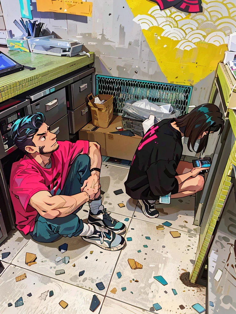 (Best Quality: 0,8), (Best Quality: 0,8), The Perfect Anime-illustration, A very close-up of a handsome man, walking through the city, turquoise hair, Historical, Untidy hairstyle, masterpiece, Technological, Cyberpunk, Kyoto, opinion, eyes