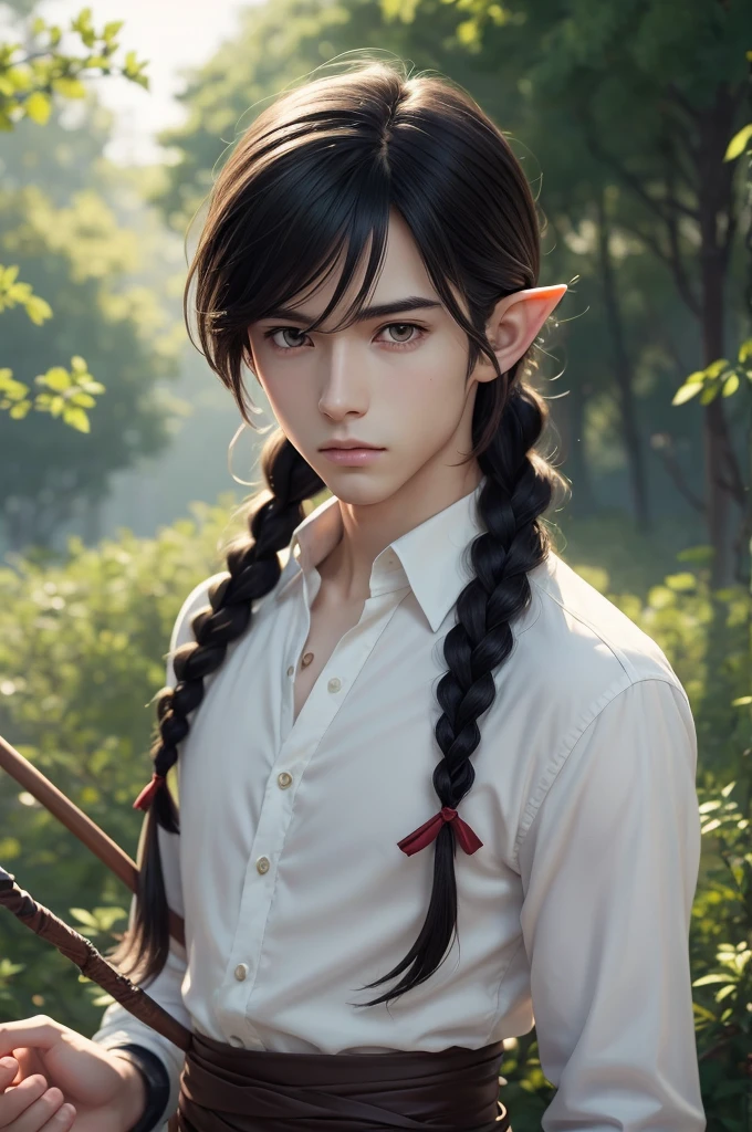 1boy, detailed, Makoto Shinkai Style, detailed hair, cinematic lighting, high-resolution, lean build, perfect quality face, high quality, masterpiece, manhwa style, best quality, anime style, detailed beautiful eyes, perfect face, pale skin, black hair, long hair, braided hair, elf, holding a staff, anime