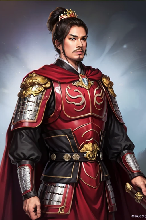 8K,man with sword,ornate armor(The elaborately crafted coat of arms of a nobleman),ultra high resolution,surreal,realistic skin,Black hair short hair,big black eyes,clear eye description, muscular body,waist armor,delicate hands, Perfect hand shape, character art, action pose,masterpiece,Realistic RAW photos of the highest quality,bright colors,rich colors, backlight, movie lights, film grain,50mm lens