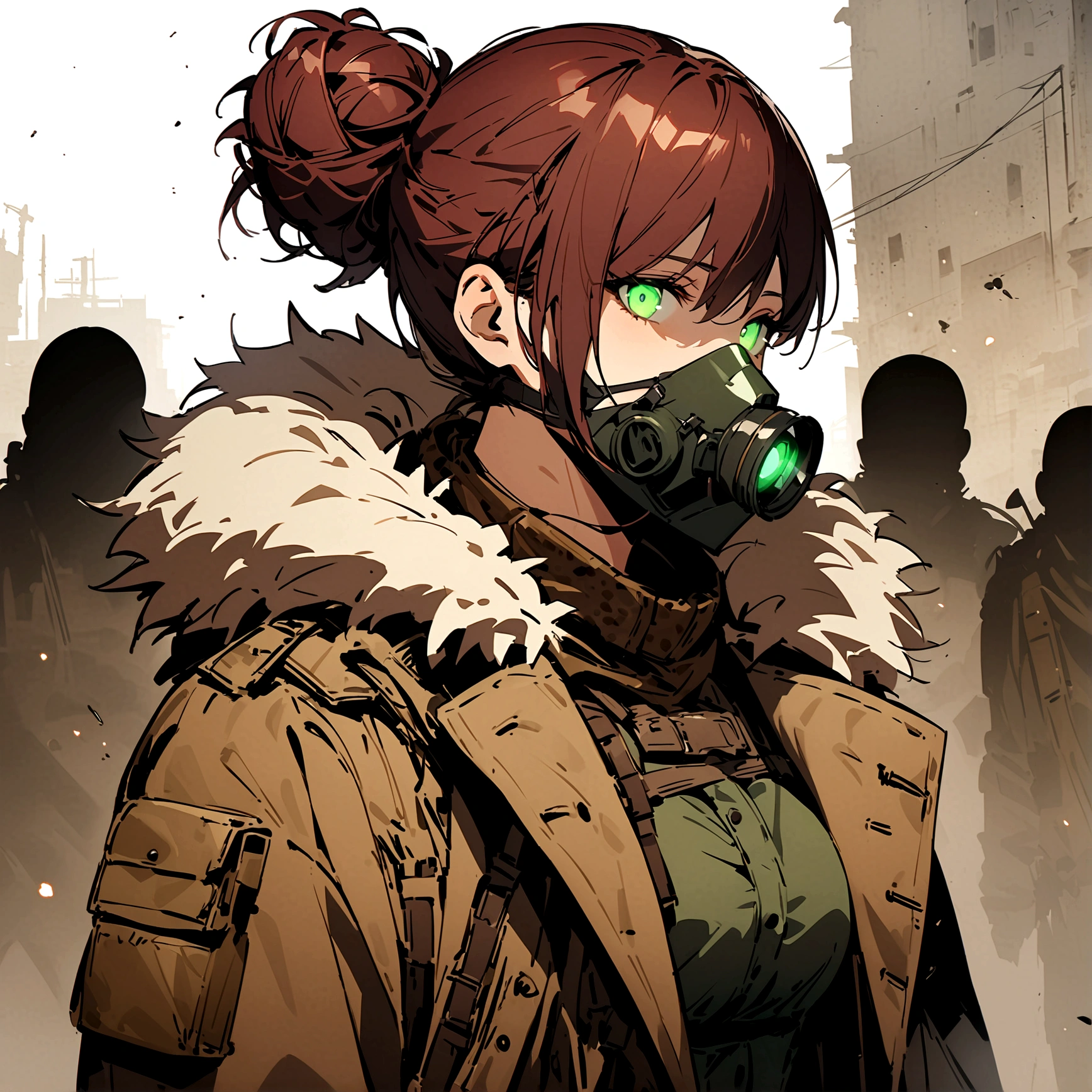 (masterpiece), best quality, faceless, hidden face, soldier, full face mask, green lenses, Male, Long Maroon hair, black M50 gasmask, brown leather fur lined duster coat, green tactical vest, black pants. green lenses, Brown coat, Dark brown coat, leather coat, Faceless, hidden face, cool, post apocalyptic soldier, brown coat, Flecktarn camouflage vest, Hairbun hairstyle, upper body, dark brown leather coat, solo, fur lined coat, overcoat, leather overcoat, portrait, green mask lenses, post apocalyptic soldier, PMC mercenary. Solo, Maroon hairbun hairstyle. Male, muscular, glowing lenses, hidden eyes, eyeless, Maroon red hair, ponytail hairbun, one hair-bun, post apocalyptic