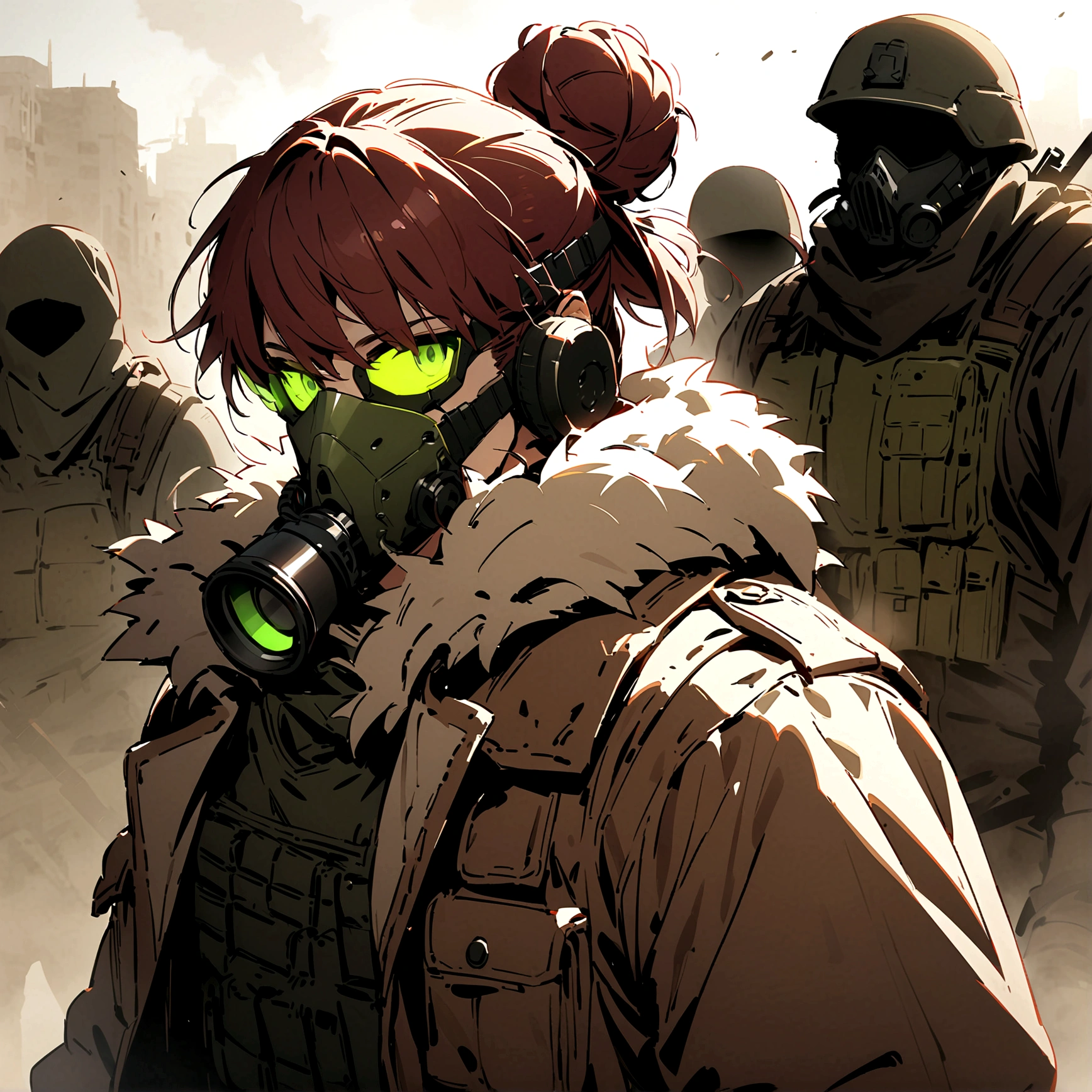 (masterpiece), best quality, faceless, hidden face, soldier, full face mask, green lenses, Male, Long Maroon hair, black M50 gasmask, brown leather fur lined duster coat, green tactical vest, black pants. green lenses, Brown coat, Dark brown coat, leather coat, Faceless, hidden face, cool, post apocalyptic soldier, brown coat, Flecktarn camouflage vest, Hairbun hairstyle, upper body, dark brown leather coat, solo, fur lined coat, overcoat, leather overcoat, portrait, green mask lenses, post apocalyptic soldier, PMC mercenary. Solo, Maroon hairbun hairstyle. Male, muscular, glowing lenses, hidden eyes, eyeless, Maroon red hair, ponytail hairbun, one hair-bun, post apocalyptic