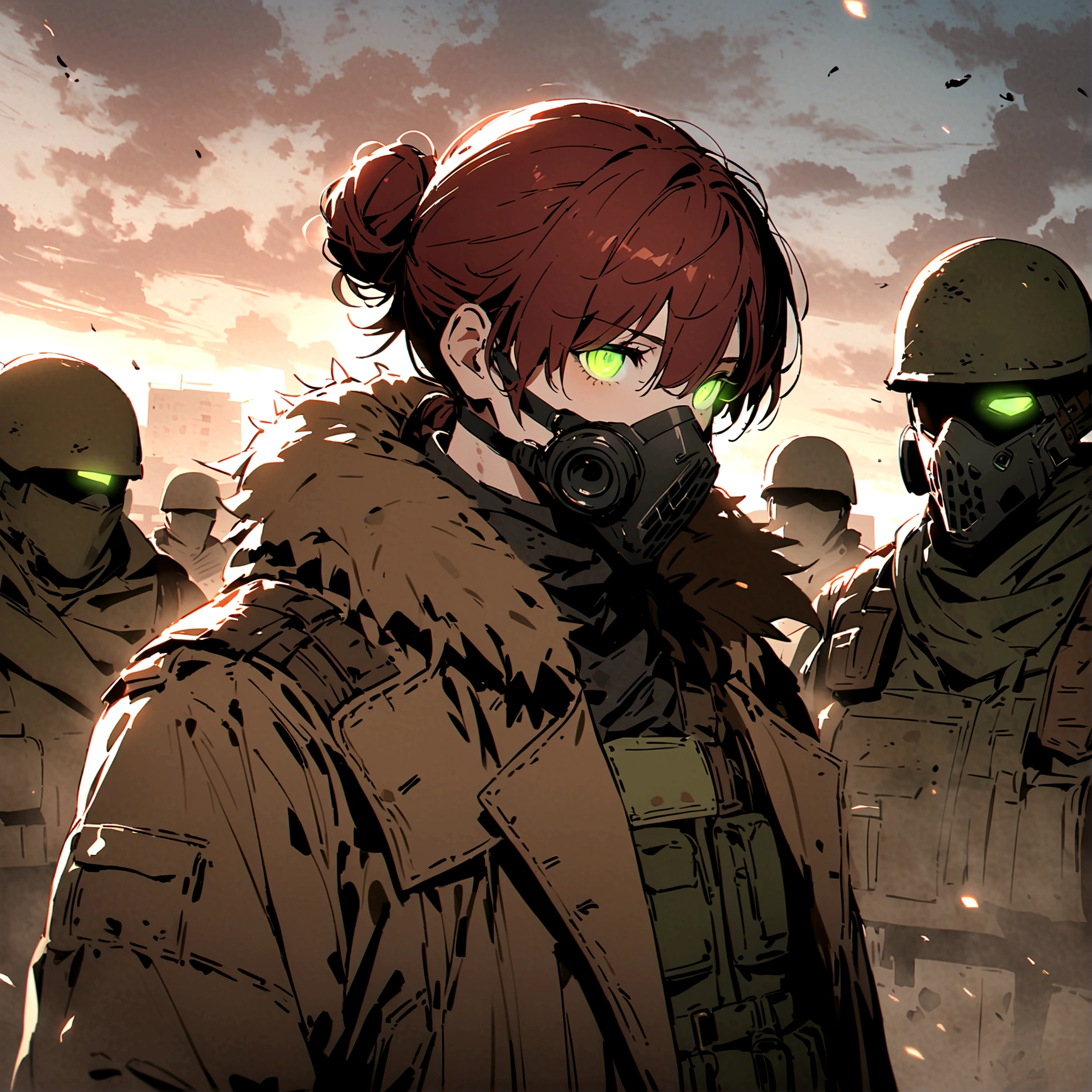 (masterpiece), best quality, faceless, hidden face, soldier, full face mask, green lenses, Male, Long Maroon hair, black M50 gasmask, brown leather fur lined duster coat, green tactical vest, black pants. green lenses, Brown coat, Dark brown coat, leather coat, Faceless, hidden face, cool, post apocalyptic soldier, brown coat, Flecktarn camouflage vest, Hairbun hairstyle, upper body, dark brown leather coat, solo, fur lined coat, overcoat, leather overcoat, portrait, green mask lenses, post apocalyptic soldier, PMC mercenary. Solo, Maroon hairbun hairstyle. Male, muscular, glowing lenses, hidden eyes, eyeless, Maroon red hair, ponytail hairbun, one hair-bun, post apocalyptic