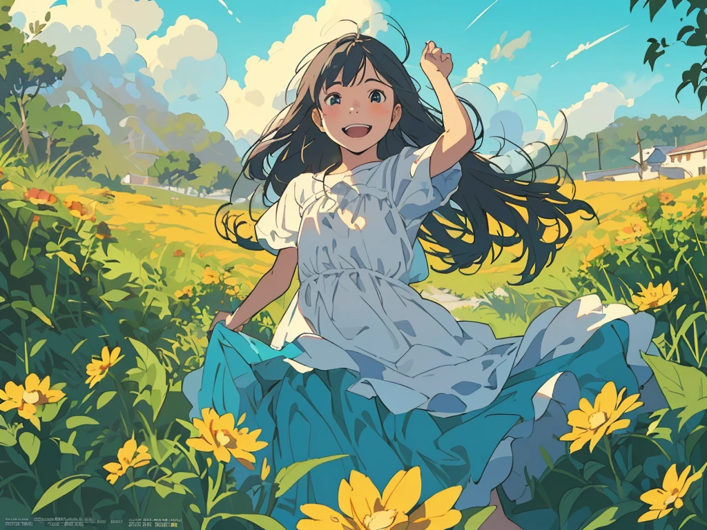 Reasonable design, Clear lines, High Sharpness, (Highest quality,8K,Perfect sharpness,Ultra fine,High resolution,masterpiece:1.2), Perfect Anatomy:1.5, Official Art, Illustrations that tell a story, (Whitish background:0. 9)、Body Positivity、多Mr.な身体表現、(Random and energetic poses)、Perfect beauty、Perfect beautiful face、Strong winds、A rich expression、Dynamic composition、smile、Golden ratio composition、colorful、((Mr.々Different angles and perspectives))、Anime Art、(Mini dress)、(Overcoming stereotypes)、 Glowing Skin、(Natural beauty)、smile、Bangs、(Soft and flowing hair)、(countryside)、(Nostalgic atmosphere)、Put up to your feet、(Playful and carefree)、(多Mr.な民族のキャラクター)、(innocent attitude)、(Sunny atmosphere)、(The skirt flutters wildly in the wind)、(Bright colors)、Beautiful Eyes、(Embarrassing)、Braided Hair、Summer Scene、Smiling among flowers、Angle from below、