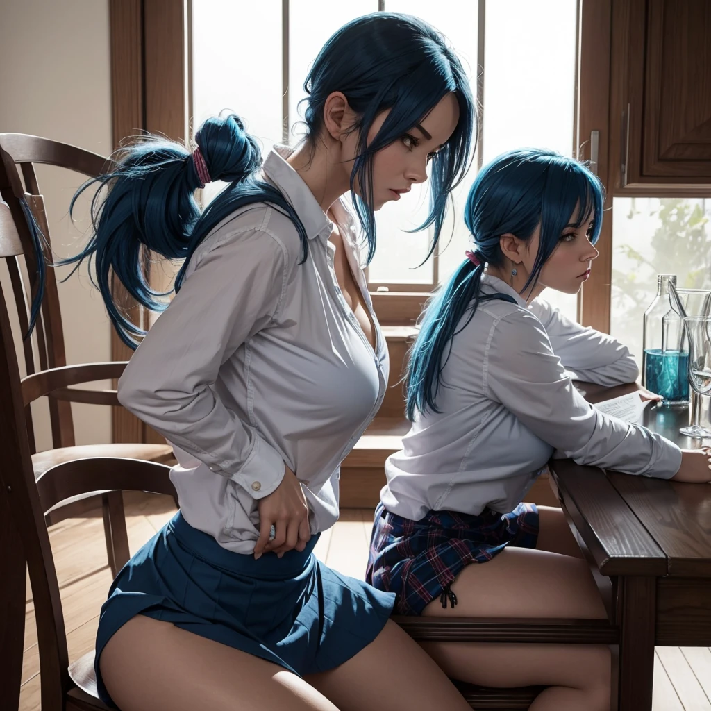 Woman, medium breasts, big-ass, blue hair tied expression "shame, naughty Position "sitting at the table, lifting her skirt and showing her panties 