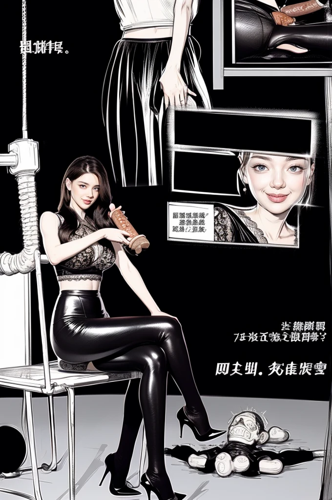 The beautiful girl in lace top and leggings is sitting astride a pile of skeletons in the center of the picture. She is holding a trembling sausage with juice squeezed out in her hand and smiling. There are multiple comic storyboards in the background,cbt, sausage bondage,sausage insertion,Sexy, trampling sausage with heel, thin gap:2,cameltoe:2,(masterpiece, best quality:1.2),1 beautiful girl,sexy,comic storyboard:2, leggings, sit astride, axially symmetrical:2, ,femdom,sounding,cbt,hold,smile,colorful,leggings,thin gap,cameltoe,insertion,trembling,juice,spray, Long hair,Lace top,Sexy, Shiny leggings, High heel,cleveage, trampling, in forest, saliva , Mucus,