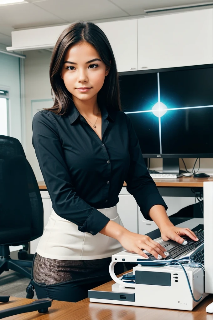 Generate an image of a girl working on a computer in an office.