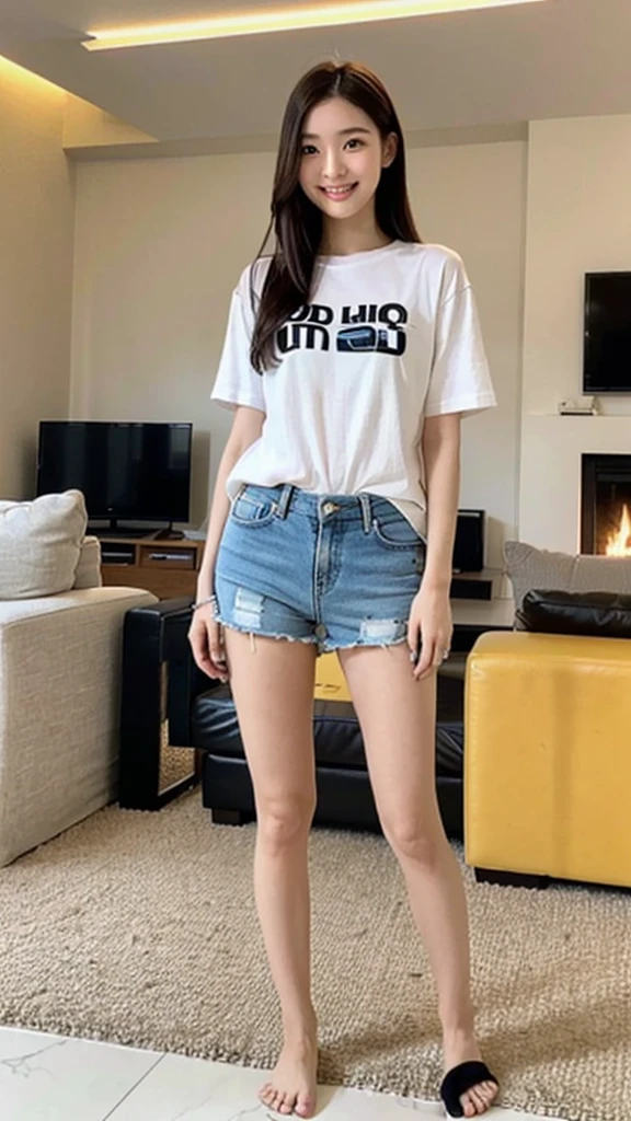 (Highest quality:1.5), (Real:1.4), (Ultra high definition:1.4), (1 Japanese skinny woman in her twenties), (skinny body), skinny face, (Plain T-shirt), (Plain shorts), barefoot, (skinny woman is standing in living room at home), (20's skinny woman is standing with t-shirt and shorts in living room), (front view of a skinny woman), Living room at home, Close up of upper body, (smile), (Turn your body forward), (upright), (skinny), (skinny), (Very thin)