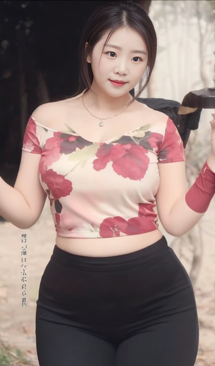 A woman lives in the forest. Dressed in the forest, she looks fat.