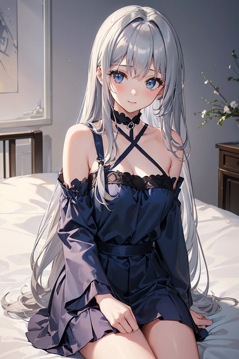 ((Girl sitting on bed))、(One Girl),(Beautifully drawn eyes in every detail、Look at the details、masterpieceサイドライト、masterpiece、Highest quality、detailed、High resolution illustrations),Delicate makeup, (Close-up:1.2)、throw、Soft Focus、Background blur、Turn to me and smile,Iris,(((Silver Hair,Her hair color is a blue-gray gradient))), Semi-long hair:1.2, 非常にdetailedな, Complex, Tabletop,purple camisole dress、Late at night,0:00 at night、Room with a night view、It's pitch black outside、((You can see the night view from the window:2)), bedroom、