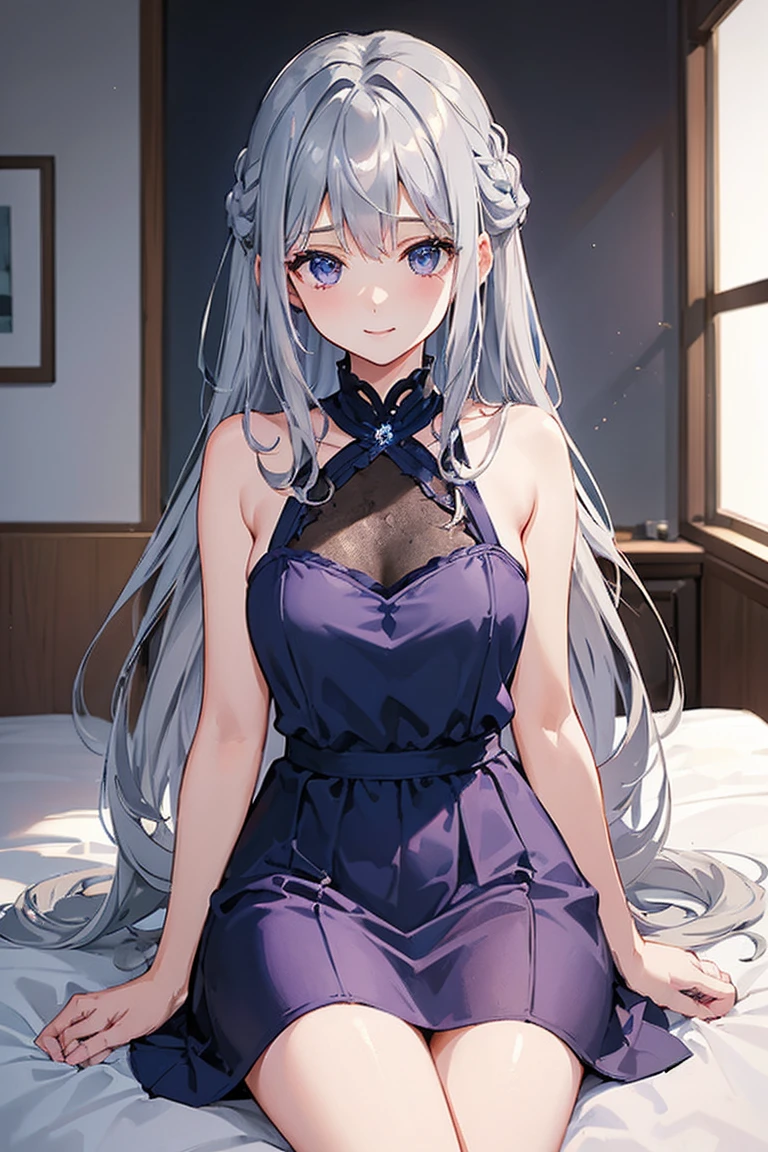 ((Girl sitting on bed))、(One Girl),(Beautifully drawn eyes in every detail、Look at the details、masterpieceサイドライト、masterpiece、Highest quality、detailed、High resolution illustrations),Delicate makeup, (Close-up:1.2)、throw、Soft Focus、Background blur、Turn to me and smile,Iris,(((Silver Hair,Her hair color is a blue-gray gradient))), Semi-long hair:1.2, 非常にdetailedな, Complex, Tabletop,purple camisole dress、Late at night,0:00 at night、Room with a night view、It&#39;s pitch black outside、((You can see the night view from the window:2)), bedroom、